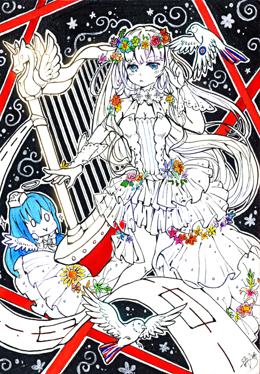 2girls bare_shoulders bird blue_eyes blue_hair blush breasts bridal_gauntlets chibi cleavage commentary_request cowboy_shot dress flower frilled_dress frills garrison_cap halo harp hat head_wreath highres instrument lace long_hair looking_at_viewer multiple_girls partially_colored pointing pointing_up quincy_(zhan_jian_shao_nyu) signature solo_focus standing traditional_media unicorn_(zhan_jian_shao_nyu) wings yu_zhiju zhan_jian_shao_nyu