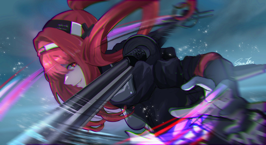 1girl absurdres black_jacket floating_hair from_side gloves grin hairband highres jacket long_hair long_sleeves outdoors outstretched_hand ponytail projectile punishing:_gray_raven red_eyes redhead smears smile sword upper_body vera_(punishing:_gray_raven) weapon yukikitsune_kuutachibana
