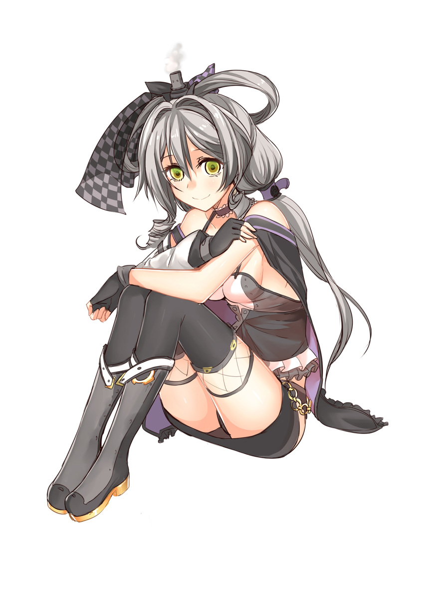 1girl bare_shoulders black_legwear black_panties boots bow camisole choker detached_sleeves drill_hair fingerless_gloves frills gloves green_eyes grey_hair hair_bow highres long_hair looking_at_viewer luo_tianyi microskirt onceskylark panties pantyshot pantyshot_(sitting) sitting skirt smile solo steam twin_drills underwear vocaloid vocanese white_background