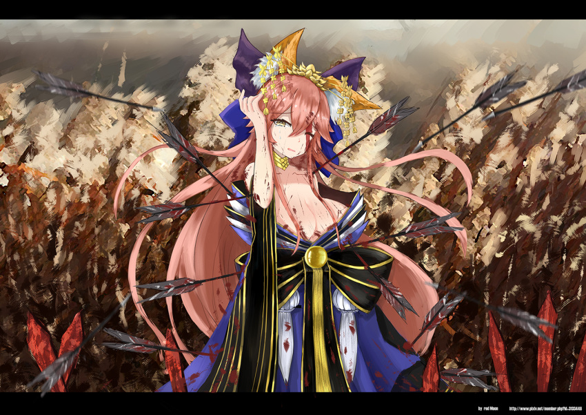 1girl animal_ears arrow blood bow breasts caster_(fate/extra) cleavage detached_sleeves fate/extra fate/grand_order fate_(series) fox_ears hair_bow hair_ribbon injury japanese_clothes large_breasts long_hair one_eye_closed pink_hair red_moon_(8632110) ribbon solo tears very_long_hair yellow_eyes