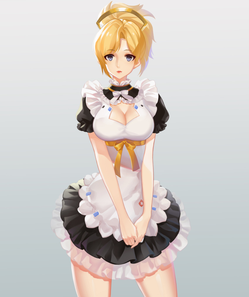 1girl absurdres alternate_costume apron blonde_hair blue_eyes bow breasts cleavage collar contrapposto detached_collar enmaided eyebrows eyebrows_visible_through_hair frilled_apron frilled_collar frilled_skirt frilled_sleeves frills gradient gradient_background hands_together headgear highres large_breasts lips lipstick looking_at_viewer maid maid_apron makeup mechanical_halo mercy_(overwatch) overwatch parted_lips ponytail puffy_short_sleeves puffy_sleeves red_lips red_lipstick ribbon short_hair short_sleeves skirt smile solo v_arms waist_apron white_bow yellow_ribbon