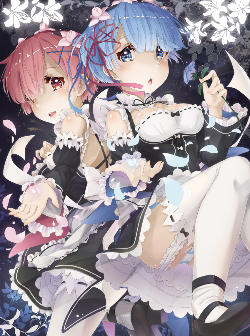 2girls black_ribbon blue_hair blue_ribbon breasts cleavage detached_sleeves flower garter_straps hair_flower hair_ornament hair_ribbon highres hyouta_(yoneya) lace lace-trimmed_sleeves lace-trimmed_thighhighs multiple_girls open_mouth panties petals pink_flower pink_hair ram_(re:zero) re:zero_kara_hajimeru_isekai_seikatsu red_ribbon rem_(re:zero) ribbon short_hair striped striped_panties thigh-highs underwear white_flower white_legwear