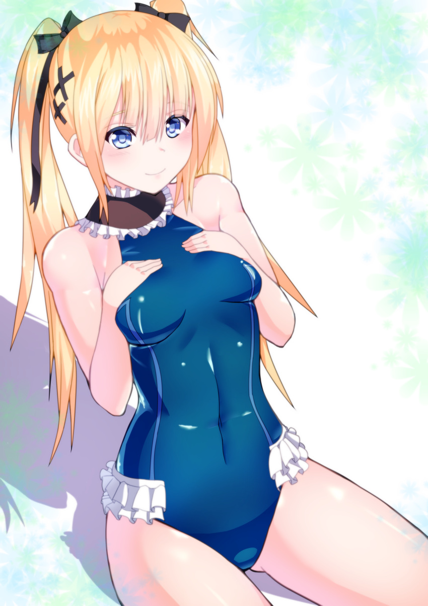 1girl absurdres blonde_hair blue_eyes breasts dead_or_alive frilled_swimsuit frills highres long_hair marie_rose nishisan_(mikurosu) sitting small_breasts swimsuit twintails