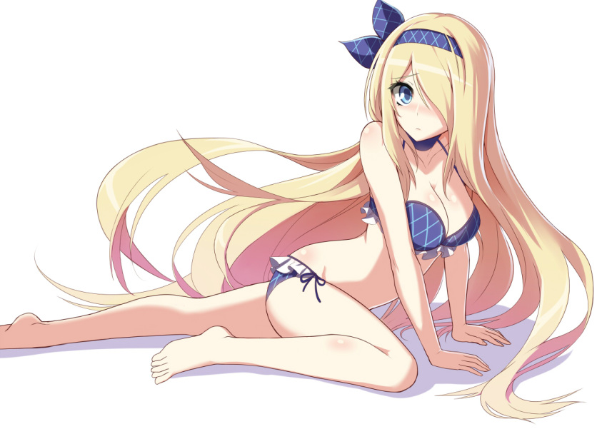 1girl arm_support bare_legs bare_shoulders barefoot bikini blonde_hair blue_bikini blue_eyes blush breasts cleavage collarbone commentary_request frilled_bikini frills hair_over_one_eye hair_ribbon hairband leaning_forward long_hair looking_at_viewer navel pandora_(p&amp;d) puzzle_&amp;_dragons ribbon side-tie_bikini simple_background sitting solo swimsuit very_long_hair wada_masanori