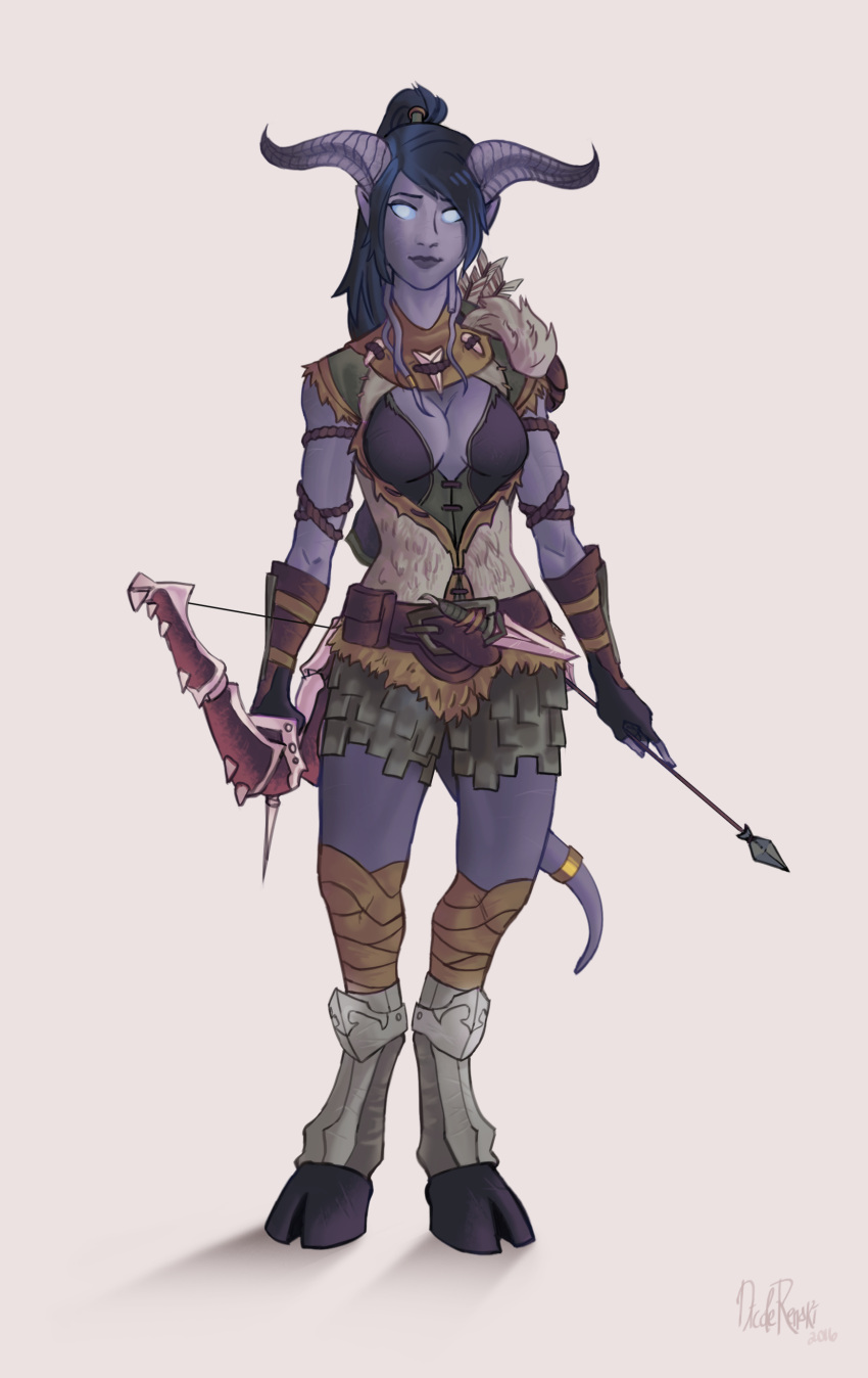 armor black_hair bow bow_and_arrow breasts cleavage draenei horns looking_at_viewer ponytail purple purple_skin solo tail temna warcraft world_of_warcraft