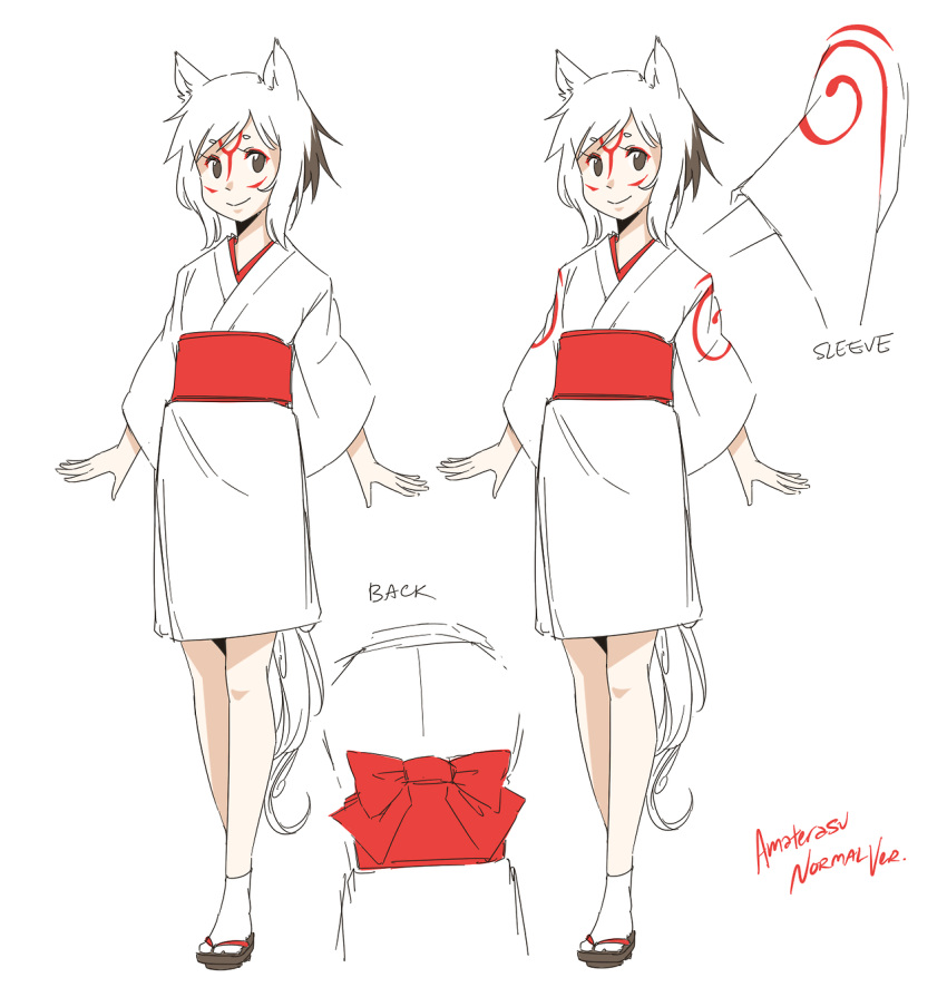 1girl amaterasu animal_ears artist_request facial_mark japanese_clothes kimono okami personification short_hair solo thigh-highs white_hair wolf_ears wolf_tail yellow_eyes