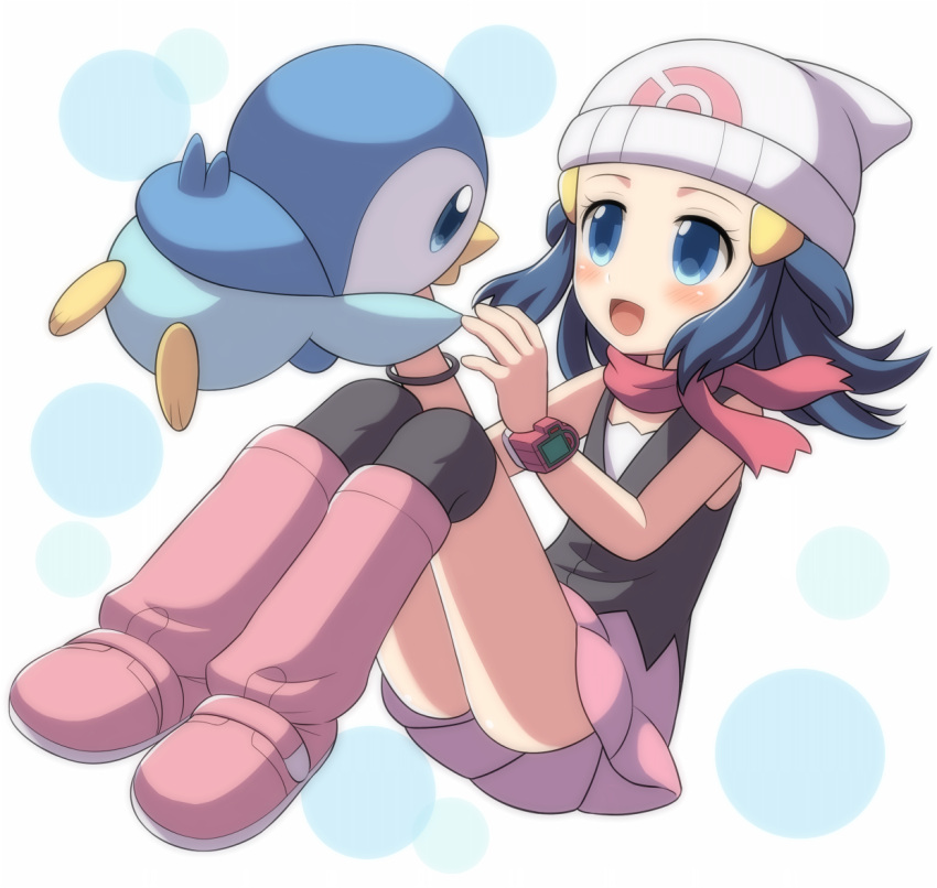 1girl :d black_legwear blue_hair blush boots eye_contact hair_ornament hat hikari_(pokemon) looking_at_another open_mouth pink_boots pink_skirt piplup pokemon pokemon_(anime) pokemon_(creature) porocha scarf simple_background sitting skirt smile thigh-highs wristband