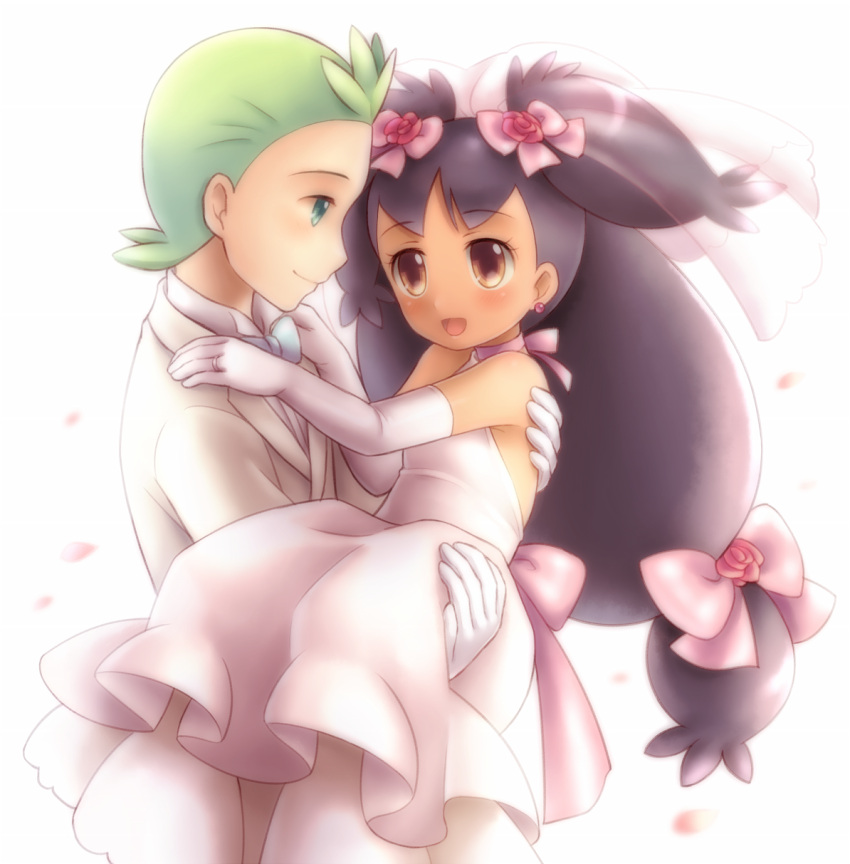:d blue_eyes bow bowtie brown_eyes carrying choker dark_skin dent_(pokemon) dress earrings elbow_gloves eye_contact flower formal gloves green_hair hair_bow hair_flower hair_ornament highres iris_(pokemon) jewelry long_hair looking_at_another open_mouth pokemon porocha princess_carry smile wedding_dress white_dress white_gloves
