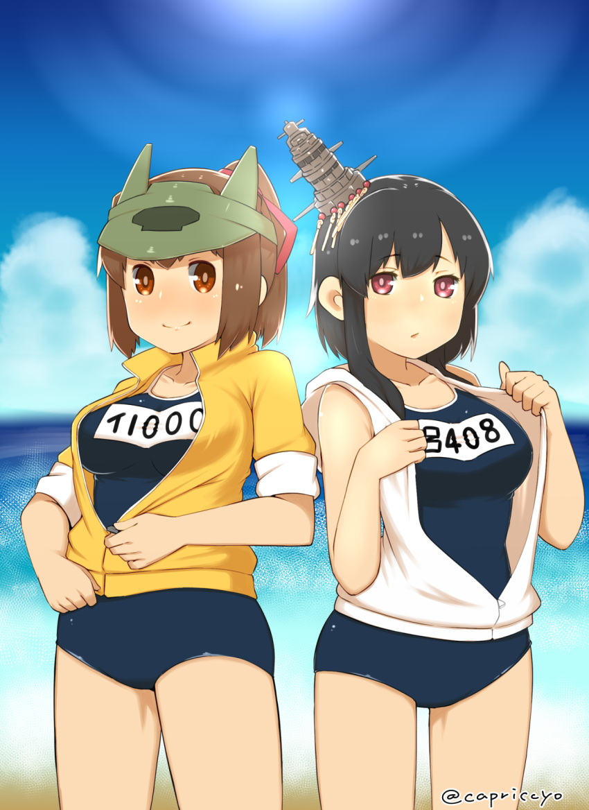 2girls alternate_costume black_hair blue_sky blush breasts brown_eyes brown_hair capriccyo clouds collarbone hair_ornament hair_ribbon headgear highres hood hood_down hoodie ise_(kantai_collection) kantai_collection long_hair looking_at_viewer medium_breasts multiple_girls name_tag one-piece_swimsuit open_clothes ponytail red_eyes ribbon short_hair sky sleeveless sleeves_rolled_up smile sun swimsuit swimsuit_under_clothes twitter_username visor_cap yamashiro_(kantai_collection) zipper
