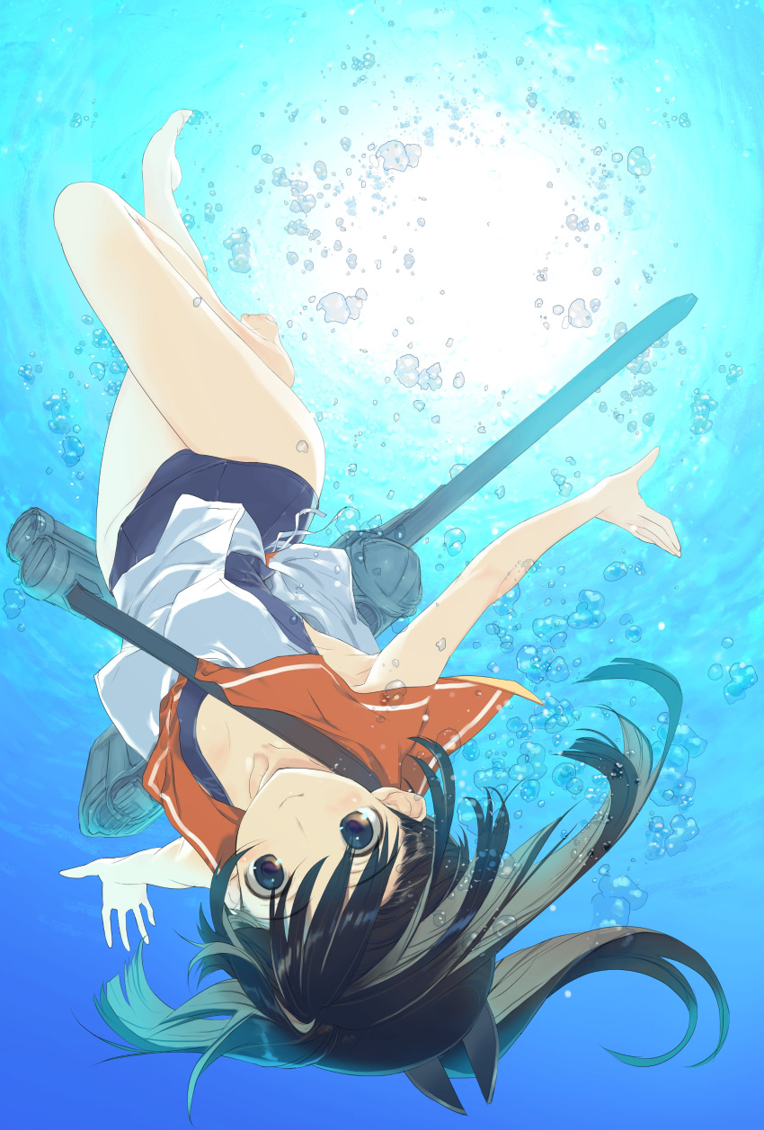 1girl absurdres black_hair brown_eyes freediving highres i-401_(kantai_collection) kantai_collection long_hair nakamura_takeshi ponytail sailor_collar school_swimsuit swimsuit swimsuit_under_clothes underwater upside-down