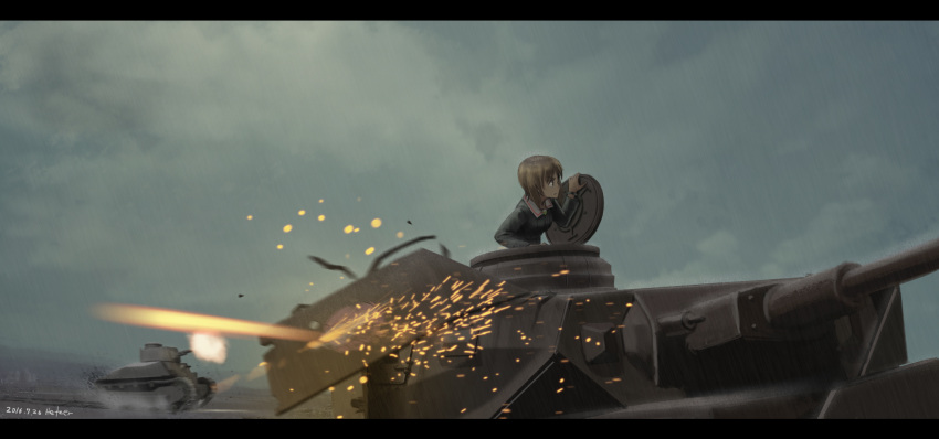 1girl arm_support artist_name battle brown_hair clouds commentary damaged dark dated firing girls_und_panzer ground_vehicle hatch hettsuaa highres letterboxed military military_vehicle motor_vehicle nishizumi_miho panzerkampfwagen_iv profile serious short_hair signature sky solo sparks tank texture type_89_i-gou uniform upper_body watch watch