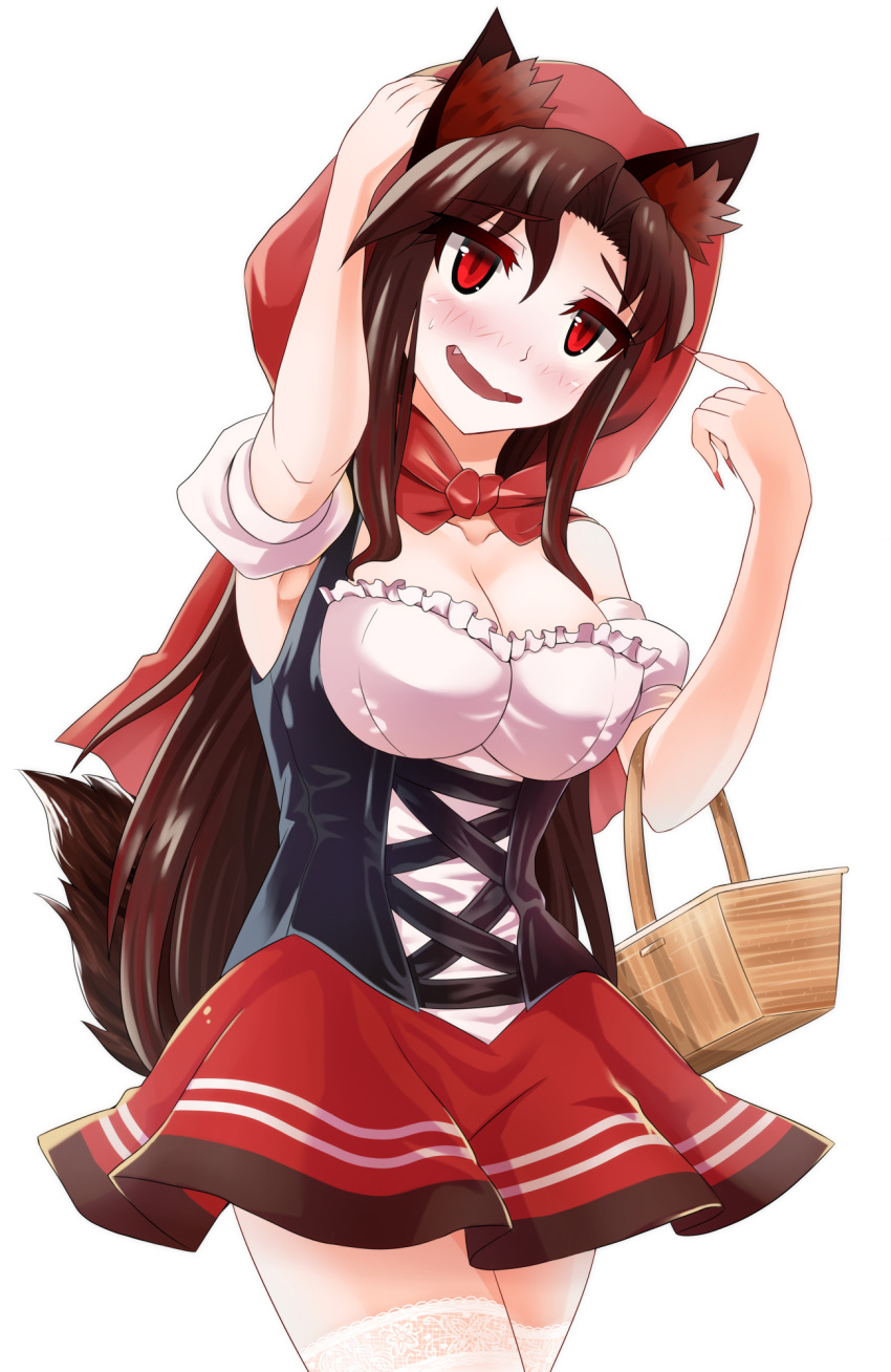 1girl animal_ears bare_shoulders blush bodice breasts brown_hair cleavage collarbone diohazard dirndl fang fingernails german_clothes highres hood imaizumi_kagerou lace lace-trimmed_thighhighs large_breasts long_fingernails looking_at_viewer miniskirt nail_polish open_mouth red_eyes red_hood red_nails red_skirt simple_background skirt solo tail thigh-highs touhou underbust wavy_mouth white_background white_legwear wolf_ears wolf_tail zettai_ryouiki