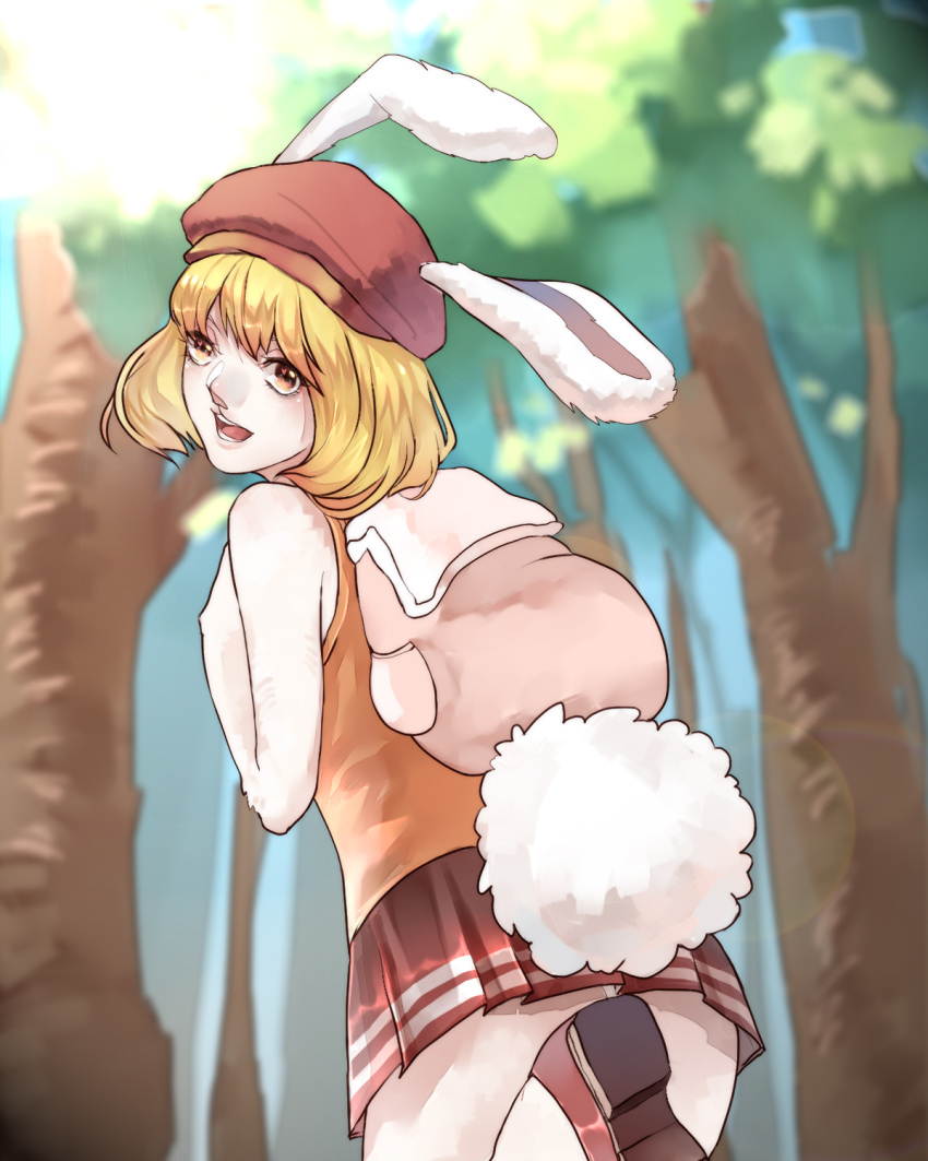 1girl animal_ears back bag beret blonde_hair brown_eyes bunny_tail carrot_(one_piece) hat highres leaf miniskirt monster_girl one_piece open_mouth rabbit_ears skirt solo tail teeth tree yin_hui