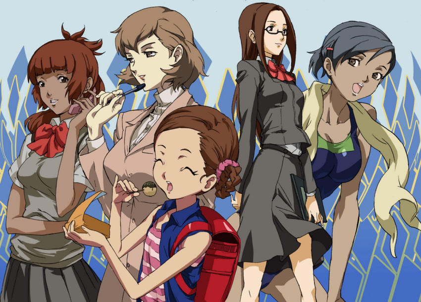 backpack bag black_hair blazer brown_hair cellphone closed_eyes competition_swimsuit dark_skin fushimi_chihiro ganguro glasses kogal maiko maiko_(persona_3) makacoon moriyama_natsuki nishiwaki_yuko one-piece_swimsuit pen persona persona_3 phone randoseru ribbon school_uniform striped sweater_vest swimsuit takoyaki teacher toriumi_isako towel vest yamaguchi_(artist)