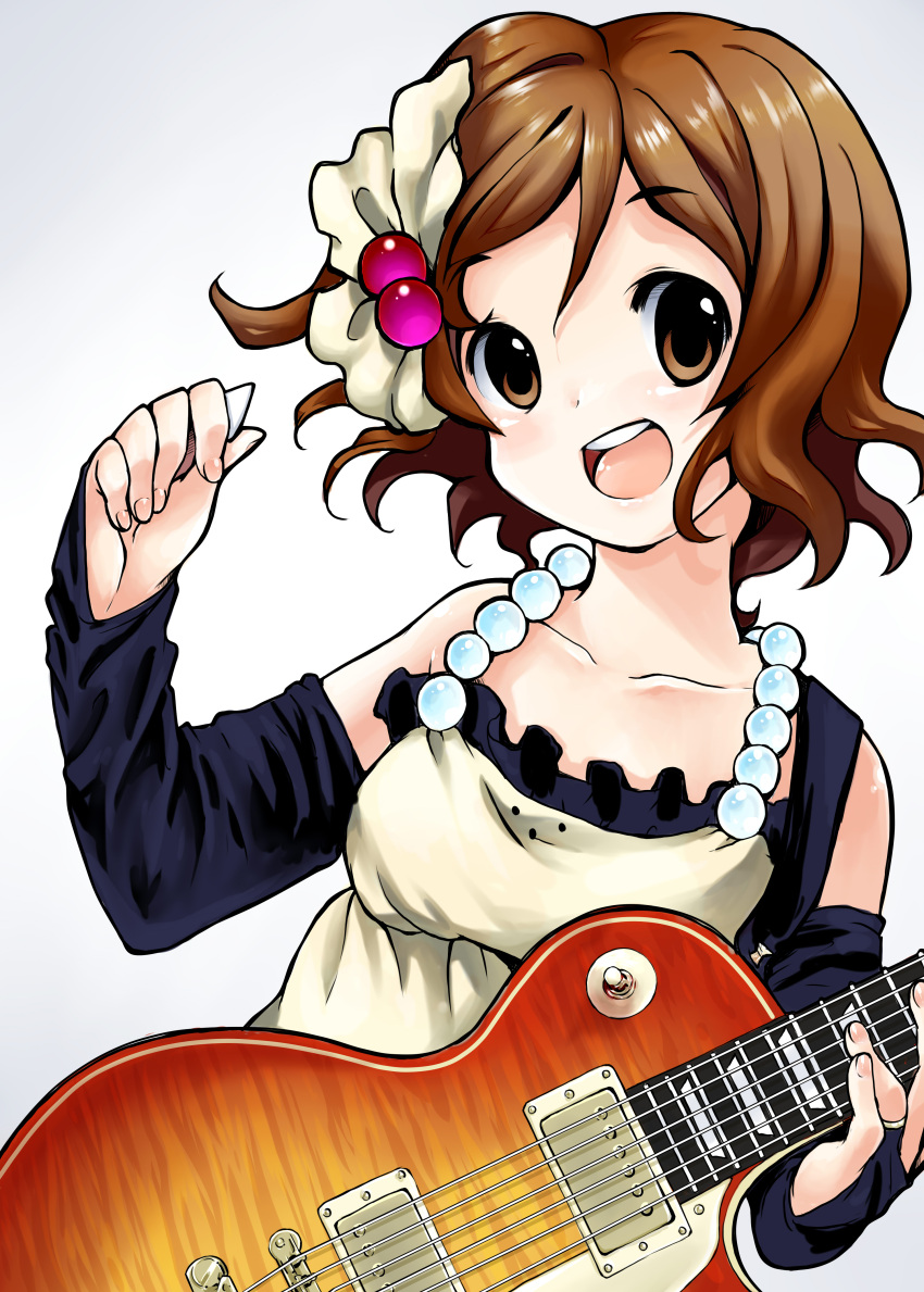 brown_eyes brown_hair detached_sleeves don't_say_lazy don't_say_"lazy" dress fingerless_gloves gloves guitar guitar_pick highres hirasawa_yui instrument k-on! mosho plectrum short_hair solo