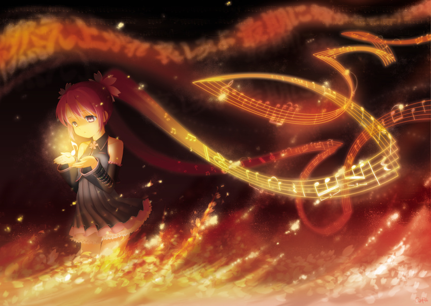 alternate_color bare_shoulders cremation_melody_(vocaloid) detached_sleeves flower hatsune_miku highres long_hair musical_note neko_sakana pink_eyes pink_hair skirt solo twintails very_long_hair vocaloid