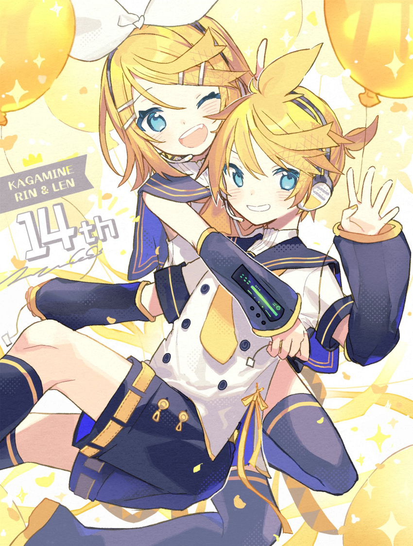 1boy 1girl balloon bangs black_footwear black_sailor_collar black_shorts black_sleeves blonde_hair blue_eyes boots bow buttons closed_mouth commentary detached_sleeves english_text feet_out_of_frame full_body grin hair_bow hair_ornament hairclip highres hug hug_from_behind kagamine_len kagamine_rin knee_boots looking_at_viewer miwasiba necktie one_eye_closed open_mouth sailor_collar shirt shorts signature simple_background sleeves_past_wrists smile vocaloid waving white_bow white_shirt yellow_background yellow_necktie