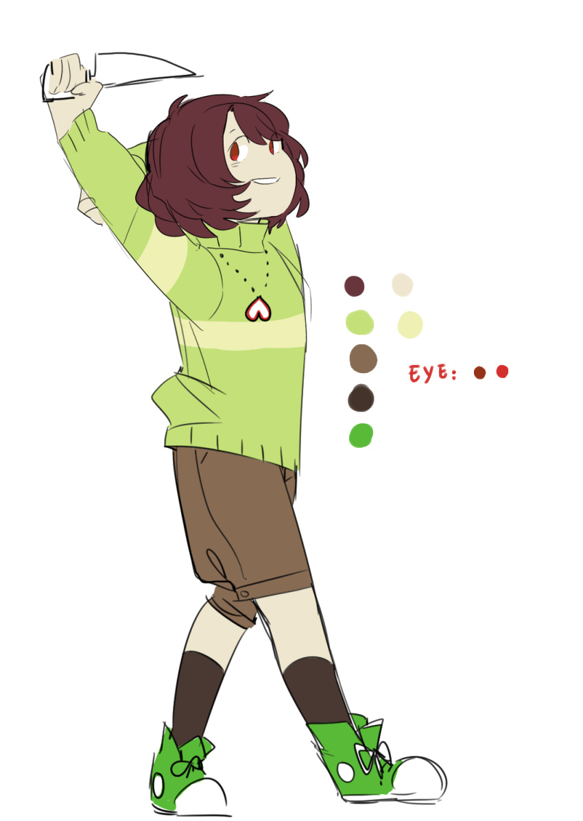 androgynous black_legwear brown_hair chara_(undertale) color_guide english heart_pendant highres jewelry kneehighs knife necklace parted_lips red_eyes shorts sketch smile soleilos solo spoilers standing striped striped_sweater sweater undertale