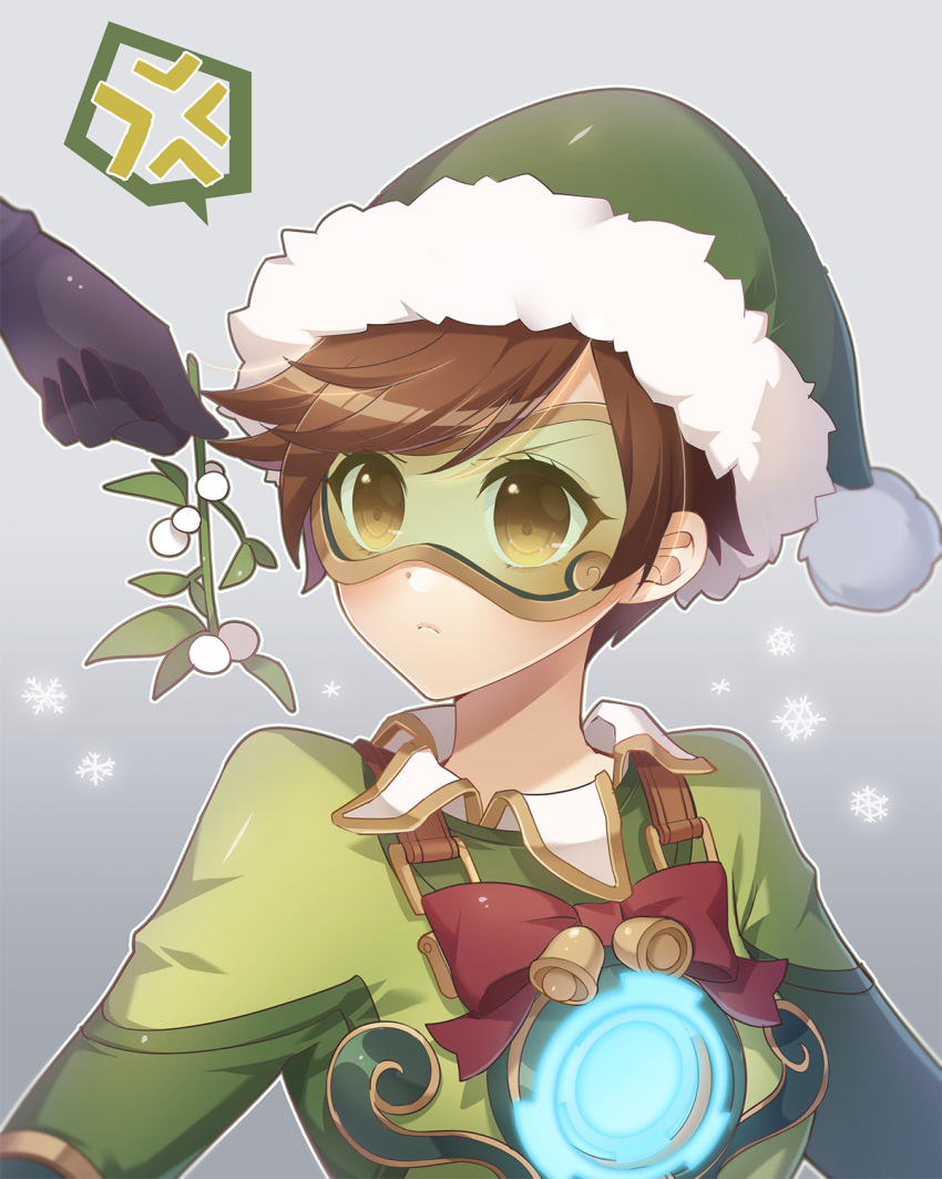 1girl alternate_costume anger_vein atobesakunolove bangs bell bodysuit bow bowtie brown_eyes brown_hair christmas closed_mouth eyebrows_visible_through_hair goggles gradient gradient_background green_hat green_jacket harness hat highres jacket jingle_bell jingle_tracer mistletoe overwatch pom_pom_(clothes) red_bow red_bowtie santa_hat short_hair short_sleeves snowflakes solo spoken_anger_vein strap swept_bangs tracer_(overwatch) upper_body