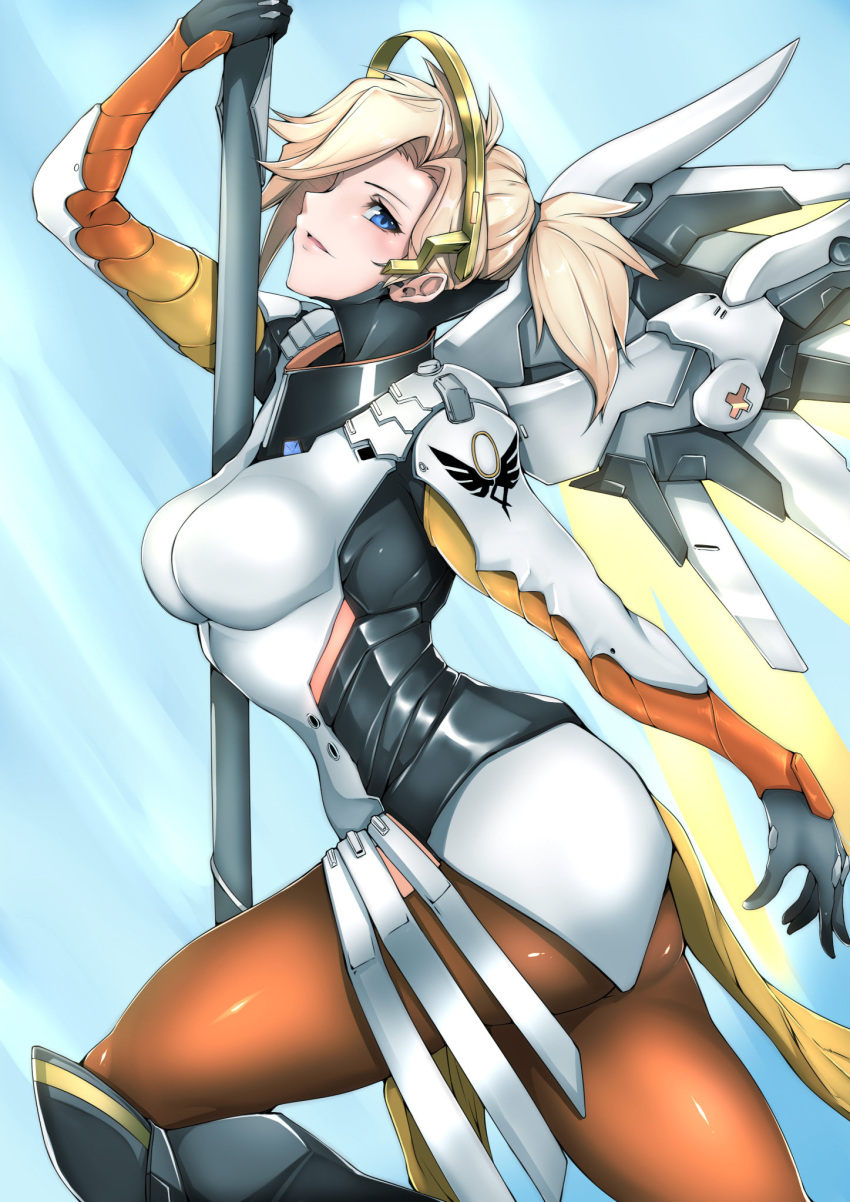 1girl blonde_hair blue_background blue_eyes bodysuit breasts cowboy_shot ears emblem from_side gggg high_ponytail highres large_breasts looking_at_viewer mechanical_halo mechanical_wings mercy_(overwatch) overwatch pantyhose parted_lips pose side_glance solo staff wings