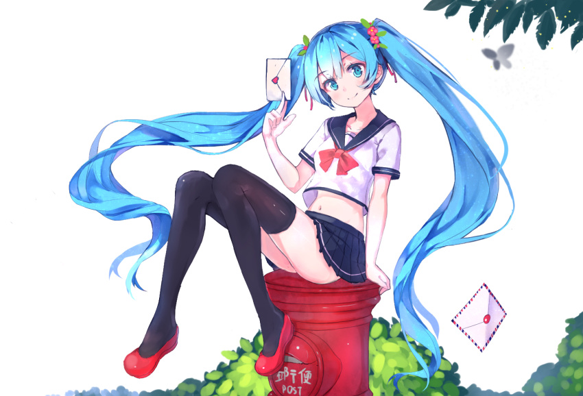 1girl aqua_eyes blue_hair crop_top envelope flower hair_flower hair_ornament hatsune_miku long_hair looking_at_viewer microskirt midriff navel postbox red_shoes school_uniform shoes sitting skirt solo thigh-highs twintails very_long_hair vocaloid z_shichao