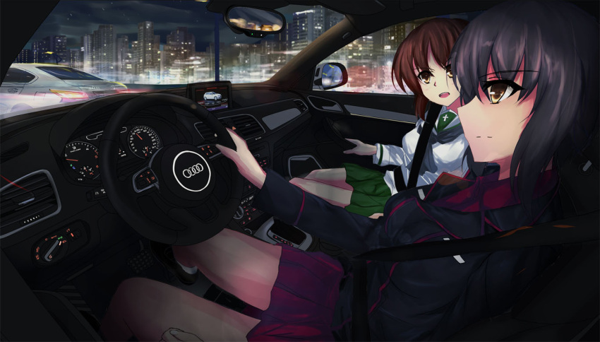 2girls audi black_hair brown_eyes brown_hair car car_interior girls_und_panzer ground_vehicle landscape left-hand_drive military military_uniform mirror motor_vehicle multiple_girls nishizumi_maho nishizumi_miho scenery school_uniform seatbelt serafuku short_hair siblings sisters steering_wheel tianyu_jifeng uniform