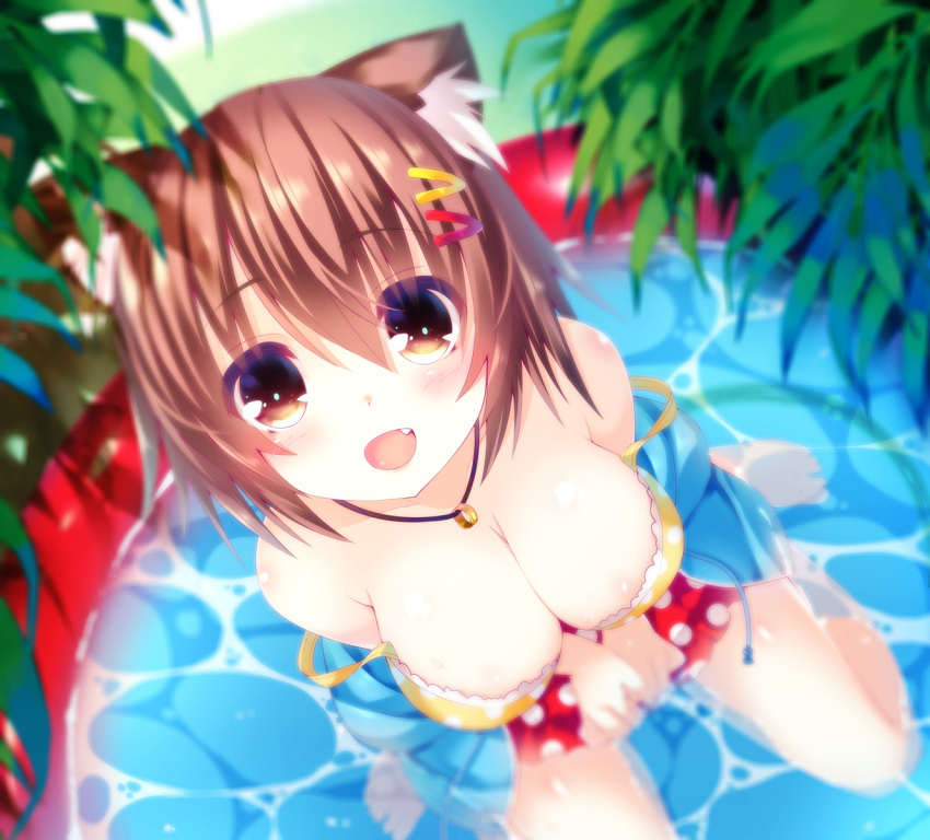 1girl :d animal_ears blurry breasts brown_hair cat_ears cleavage depth_of_field from_above hair_ornament hairclip highres jewelry looking_at_viewer looking_up necklace ooji_cha open_mouth original polka_dot polka_dot_swimsuit pool short_hair smile solo swimsuit