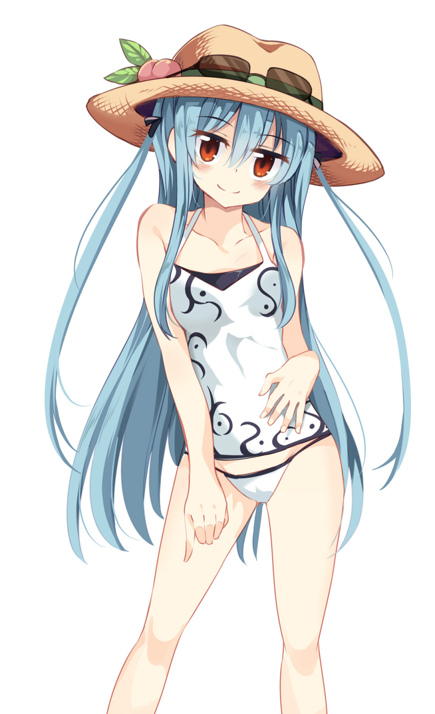 1girl alternate_hairstyle alternate_headwear bare_arms bare_legs bare_shoulders bikini_bottom blue_hair blush collarbone dress_shirt food fruit hat highres hinanawi_tenshi long_hair looking_at_viewer maturiuta_sorato peach red_eyes shirt simple_background sleeveless smile solo straw_hat sunglasses swimsuit tank_top tankini touhou two_side_up white_background