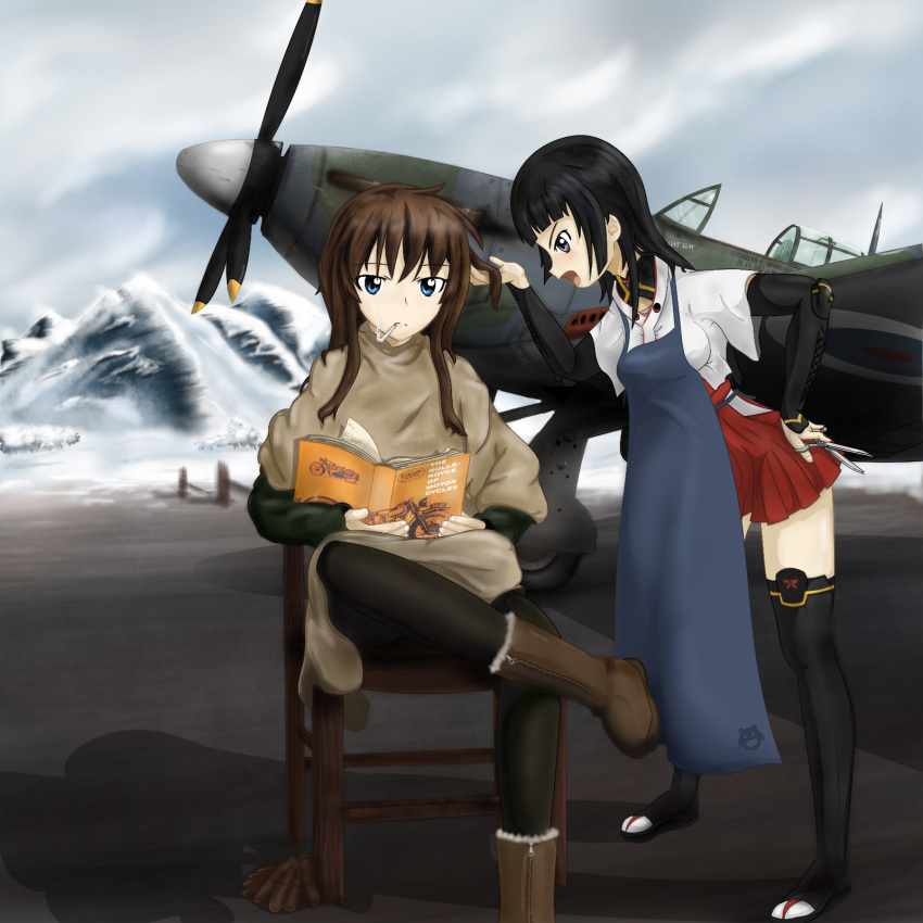 2girls aircraft anabuki_tomoko apron black_hair blue_eyes book boots brown_hair chair cigarette commentary elizabeth_f_beurling endlessgr8 grey_eyes hand_on_hip highres holding_another's_hair hurricane_(airplane) japanese_clothes multiple_girls open_mouth outdoors pantyhose scissors shadow silhouette_demon sitting smoking snow standing strike_witches