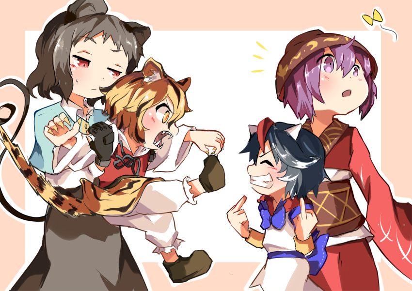 4girls animal_ears bangle black_hair bowl bowl_hat bracelet fangs fingerless_gloves fingernails gloves grey_hair hat horns japanese_clothes jewelry kapiten70 kijin_seija kimono middle_finger mouse_ears mouse_tail multicolored_hair multiple_girls nazrin obi purple_hair red_eyes redhead role_reversal sash sharp_fingernails sharp_teeth short_hair short_sleeves skirt streaked_hair sukuna_shinmyoumaru tail teeth tiger_ears tiger_print tiger_tail toramaru_shou touhou two-tone_hair violet_eyes