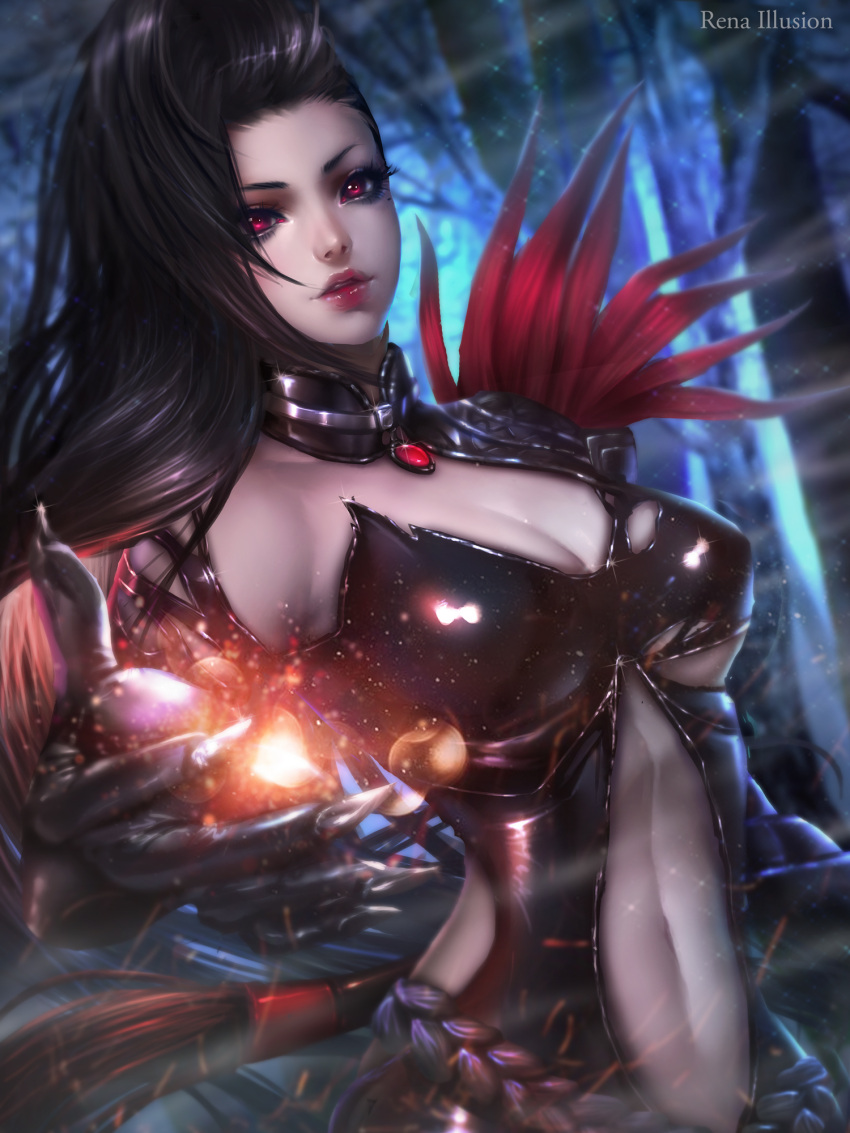 1girl artist_name black_gloves black_hair blade_&amp;_soul breasts cleavage gloves highres long_hair mole navel ran_yu_(blade_and_soul) red_eyes rena_illusion solo