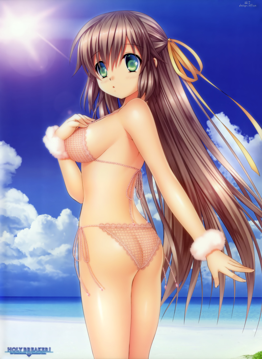 1girl absurdres ass beach bikini breasts brown_hair copyright_name from_side green_eyes hair_ribbon half_updo hand_on_own_chest highres hinoue_itaru holy_breaker huge_filesize large_breasts long_hair ocean outdoors ribbon side-tie_bikini sideboob solo swimsuit yellow_ribbon