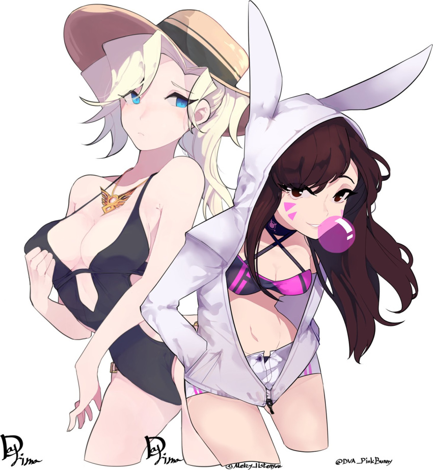 2girls alternate_costume animal_ears animal_hood bangs bare_shoulders bikini black_swimsuit blonde_hair blue_eyes breasts brown_eyes brown_hair bubble_blowing bubblegum bunny_hood casual_one-piece_swimsuit choker cleavage closed_mouth collarbone cowboy_shot d.va_(overwatch) facepaint facial_mark fake_animal_ears groin gum hand_on_breast hand_up hands_in_pockets hat highres hood hooded_jacket hoodie jacket large_breasts long_hair looking_at_viewer mercy_(overwatch) midriff multiple_girls mwo_imma_hwag navel necklace_removed one-piece_swimsuit open_clothes open_hoodie overwatch rabbit_ears short_shorts shorts simple_background swimsuit twitter_username whisker_markings white_background