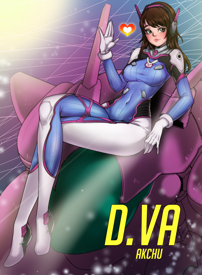 1girl akchu artist_name bangs bodysuit boots bracer breasts brown_eyes brown_hair bunny_print character_name closed_mouth covered_navel crossed_legs d.va_(overwatch) eyelashes facepaint facial_mark gloves hand_up headphones heart highres large_breasts legs lips lipstick long_hair long_legs long_sleeves makeup mecha meka_(overwatch) overwatch pauldrons pilot_suit pink_lipstick ribbed_bodysuit shoulder_pads sitting skin_tight smile solo thigh-highs thigh_boots thigh_strap thighs turtleneck whisker_markings white_boots white_gloves