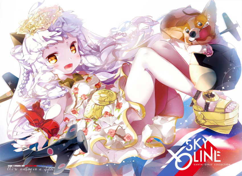 1girl :d aircraft airplane alternate_costume animal blush braid cover cover_page dog doujin_cover french_braid heco_(mama) horns kantai_collection long_hair looking_at_viewer northern_ocean_hime open_mouth shinkaisei-kan sitting smile tiara white_hair white_skin yellow_eyes