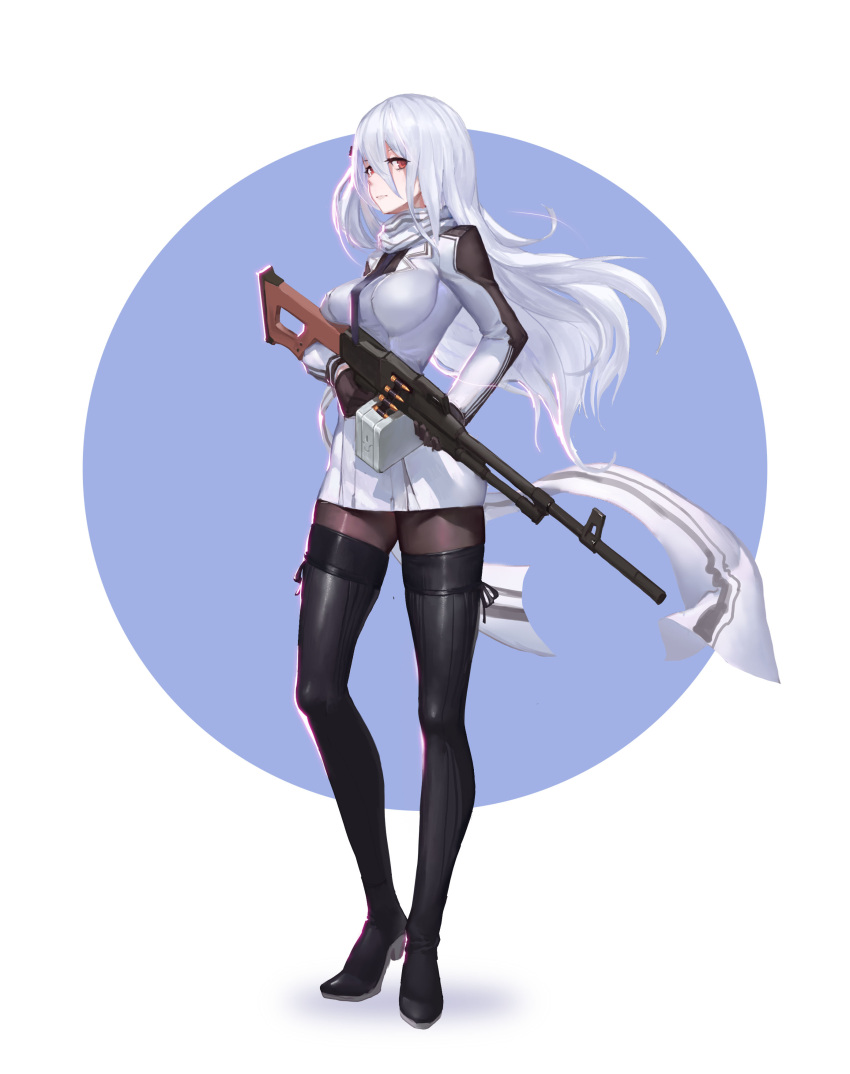 1girl absurdres black_gloves black_legwear boots breasts dress full_body girls_frontline gloves gun hair_between_eyes highres impossible_clothes long_hair looking_at_viewer machine_gun pantyhose pkm red_eyes reisun001 scarf short_dress solo thigh-highs thigh_boots weapon white_hair