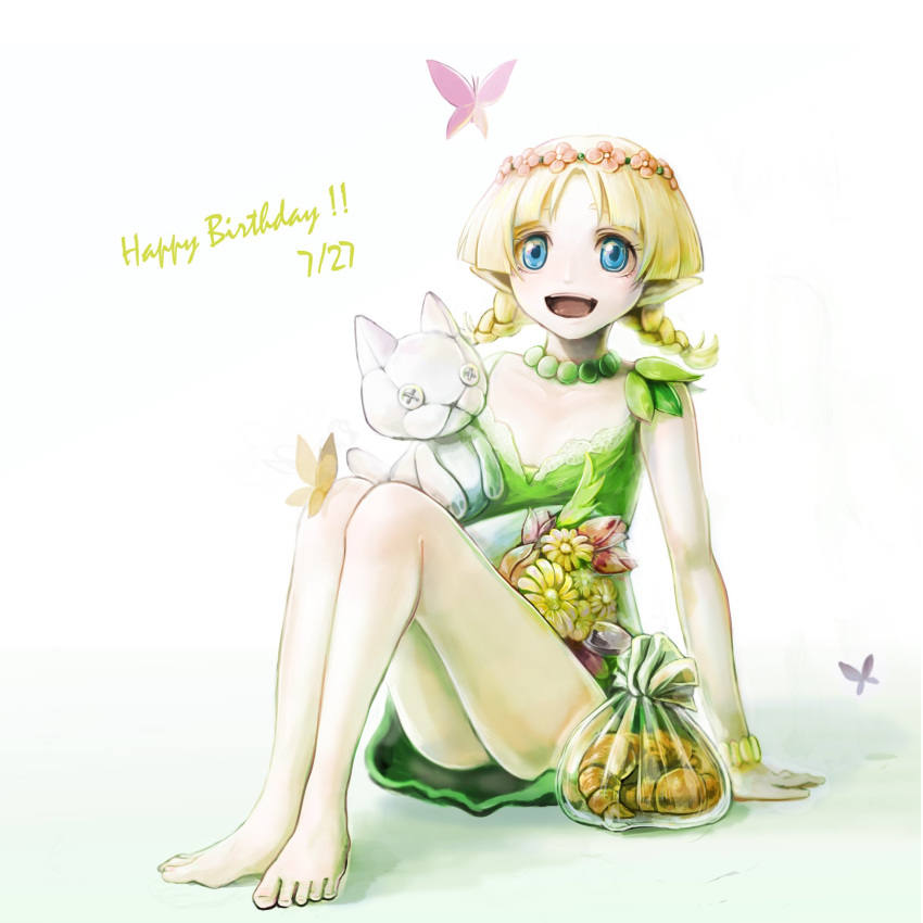 1girl blonde_hair blue_eyes blush bracelet braid butterfly commentary_request croissant dress elf flower happy_birthday highres jewelry juno_bernal open_mouth pointy_ears pop-up_story smile solo stuffed_animal stuffed_cat stuffed_toy twin_braids umino_kiri
