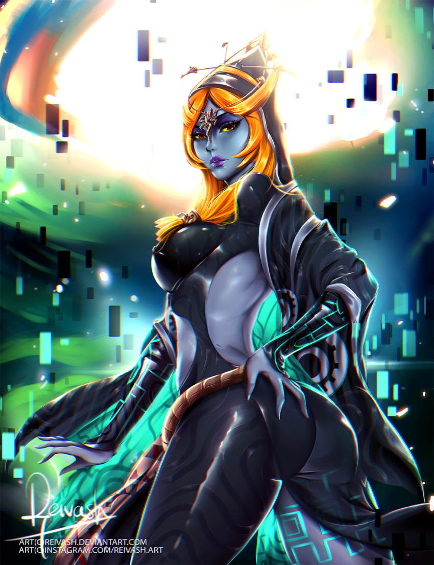 1girl ass breasts eyeshadow grey_skin hand_on_hip highres lipstick looking_at_viewer looking_back makeup midna midna_(true) orange_hair purple_lipstick red_eyes reivash solo the_legend_of_zelda the_legend_of_zelda:_twilight_princess yellow_sclera