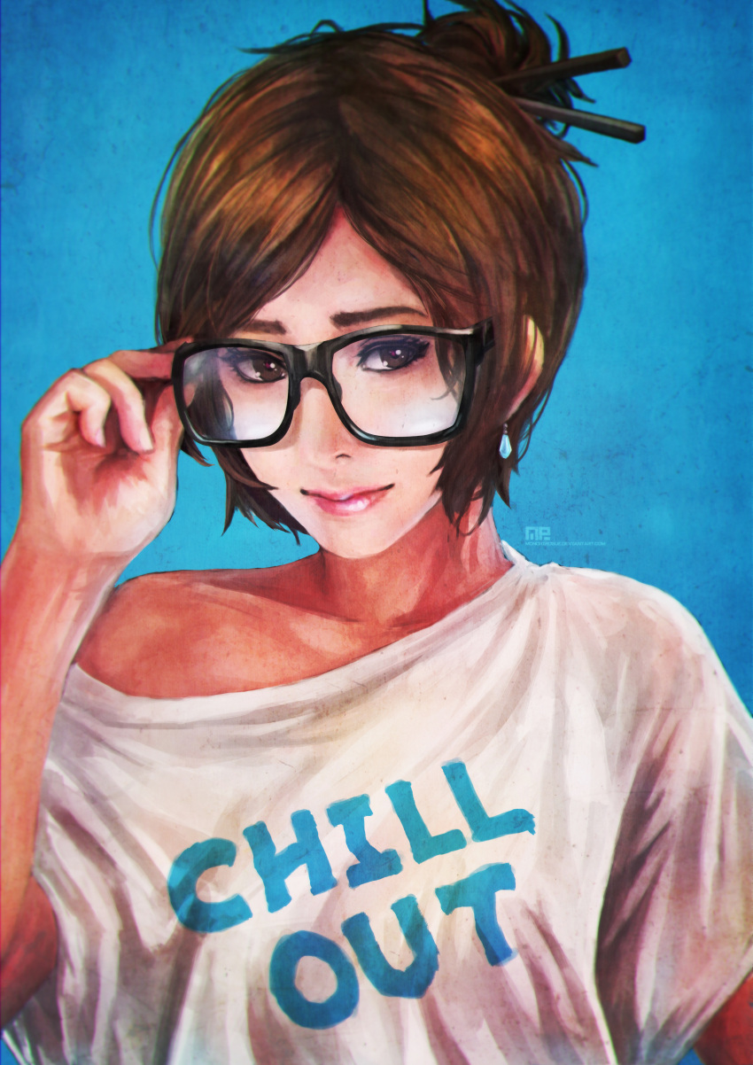 1girl absurdres black-framed_eyewear brown_eyes brown_hair casual chopsticks chromatic_aberration clothes_writing collarbone english glasses hair_bun hair_ornament hair_stick highres holding holding_glasses light_smile looking_at_viewer mei_(overwatch) monori_rogue off_shoulder oversized_clothes oversized_shirt overwatch realistic see-through shirt solo t-shirt tied_hair upper_body watermark web_address white_shirt