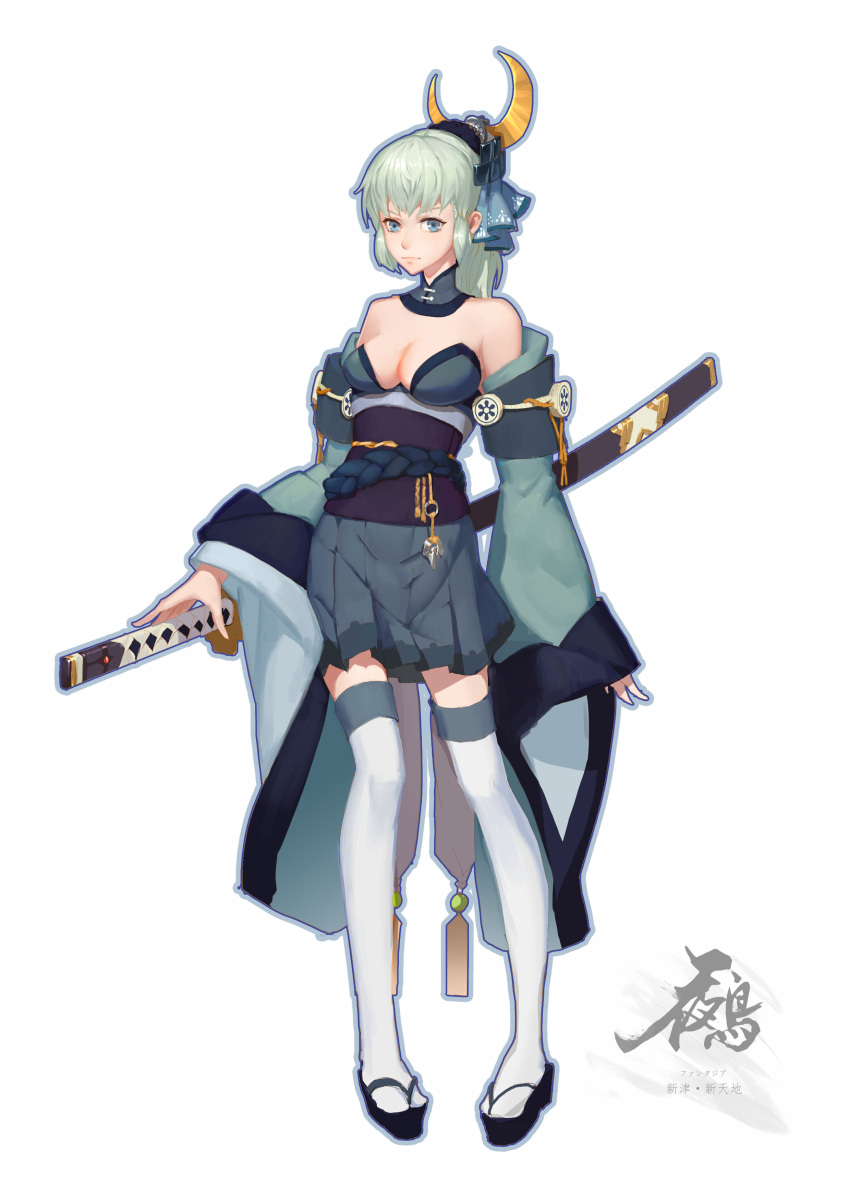1girl absurdres bare_shoulders blue_eyes breasts cleavage crescent crescent_hair_ornament detached_collar detached_sleeves full_body geta green_hair hair_ornament highres japanese_clothes katana obi pixiv_fantasia pixiv_fantasia_t ponytail reisun001 sash solo standing sword thigh-highs very_long_sleeves weapon zettai_ryouiki