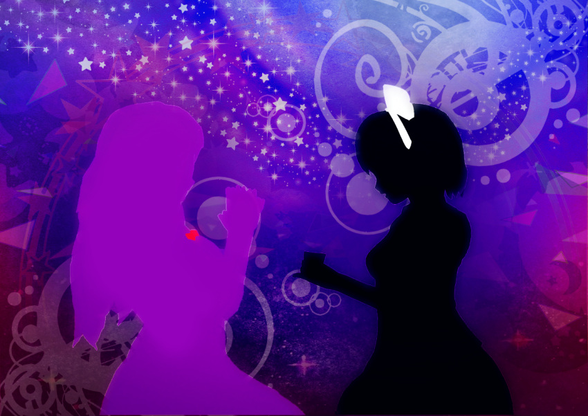 2girls breasts circle commentary crescent_moon cup dateless_bar_"old_adam" dress drinking_glass hair_ribbon holding_glass long_hair maribel_hearn moon multiple_girls no_hat open_mouth purple_background ribbon short_hair short_sleeves silhouette srk star starry_background touhou triangle usami_renko white_ribbon