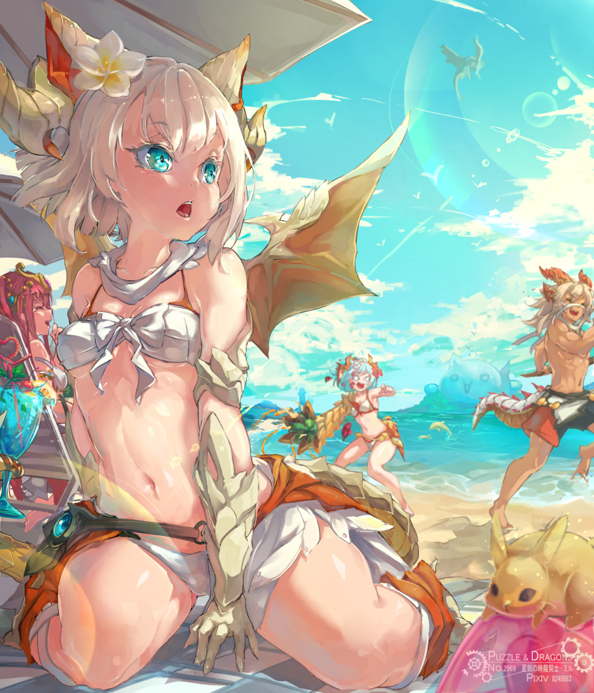1boy 3girls abs aqua_hair bandages bare_shoulders barefoot beach belt bikini blonde_hair blue_eyes blush breasts claws closed_eyes clouds commentary_request dragon_girl dragon_horns dragon_tail dragon_wings flower front-tie_top gadius_(p&amp;d) hair_flower hair_ornament highres horns jewelry kurokitsune_(float0108) lakshmi_(p&amp;d) laughing long_hair miru_(p&amp;d) multiple_girls muscle navel ocean open_mouth outdoors purple_hair puzzle_&amp;_dragons sand saria_(p&amp;d) shirtless short_hair sitting sky smile swimsuit tail tears twintails water white_bikini wings