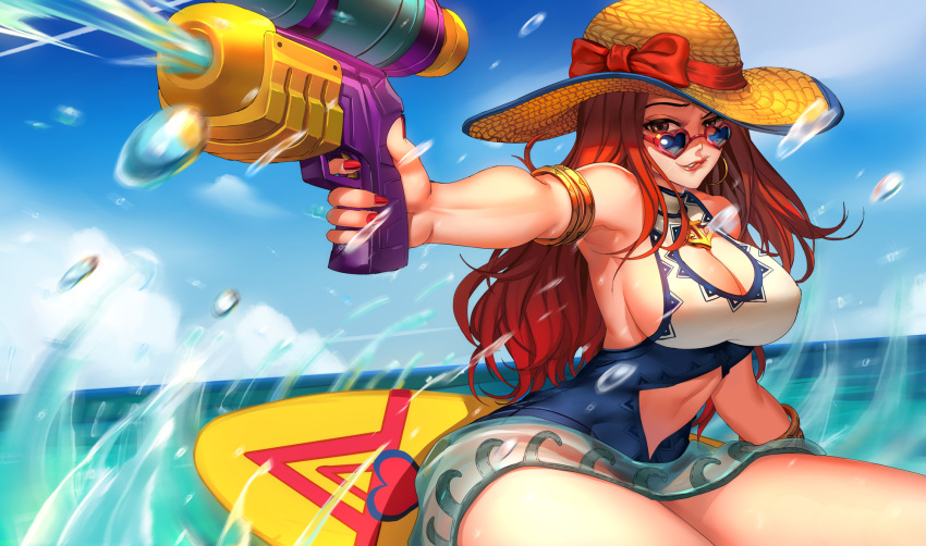 1girl armlet armpits bangs bare_shoulders bow bracelet breasts brown_eyes character_request cleavage_cutout cowboy_shot earrings eyelashes finger_on_trigger firing gun hat hat_ribbon heart-shaped_sunglasses highres holding holding_gun holding_weapon hoop_earrings jewelry large_breasts league_of_legends looking_at_viewer motion_blur navel navel_cutout necklace ocean one-piece_swimsuit orange_hair outdoors outstretched_arm pd_(pdpdlv1) pendant pool_party_miss_fortune red_bow red_lips red_ribbon redhead ribbon ring_necklace sarah_fortune see-through shade sideboob solo splashing sunglasses surfboard swimsuit water water_gun weapon