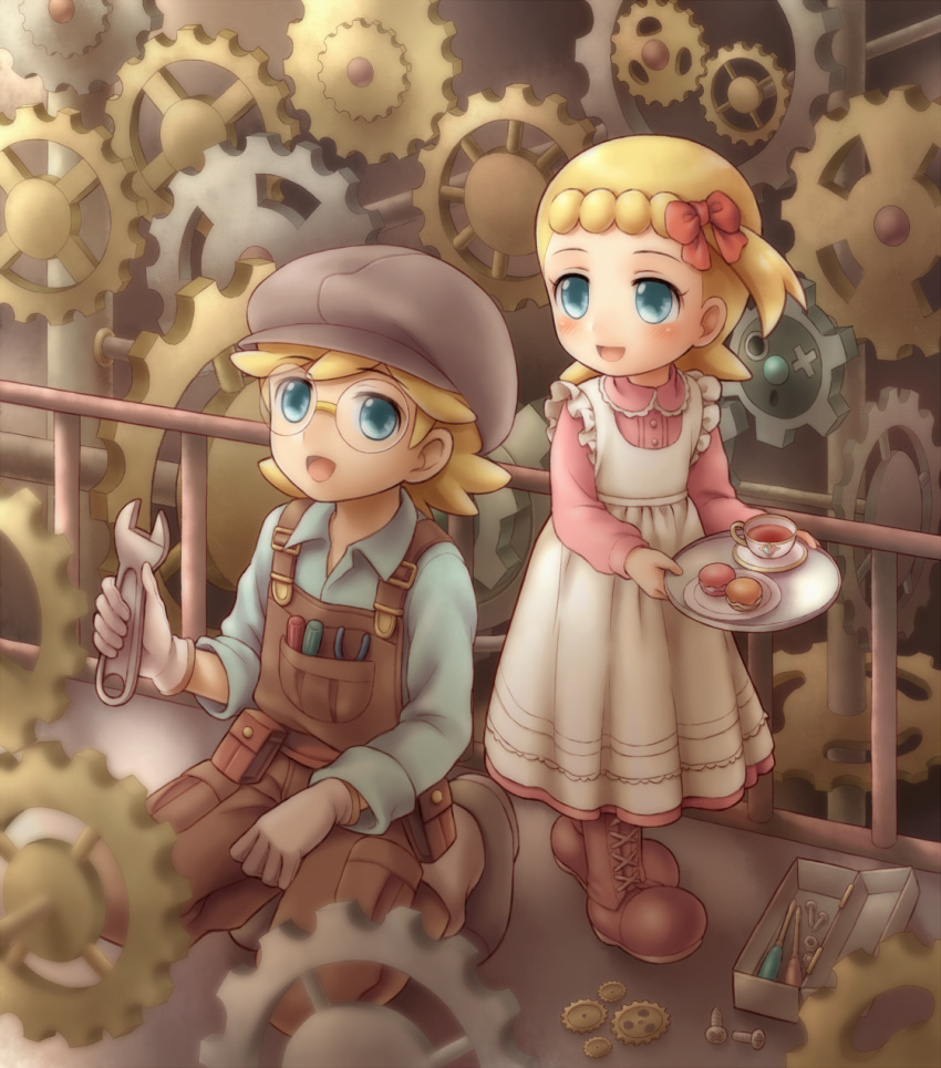 1boy 1girl asymmetrical_hair blonde_hair blue_eyes blush boots bow brother_and_sister brown_boots brown_hat citron_(pokemon) cross-laced_footwear cup dress eureka_(pokemon) food full_body gears glasses gloves hair_bow hat highres indoors kneeling nut_(hardware) open_mouth overalls plate pokemon porocha pouch railing screw screwdriver siblings standing tea teacup toolbox tools tray white_dress white_gloves wrench