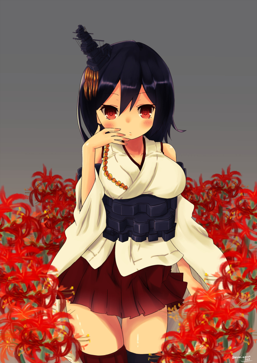 1girl black_hair blouse detached_sleeves flower hair_ornament headgear highres japanese_clothes kantai_collection momiji_(103) nontraditional_miko red_eyes short_hair skirt solo spider_lily wide_sleeves yamashiro_(kantai_collection)