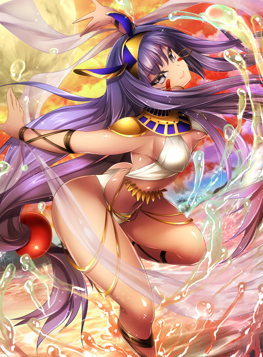 1girl ankle_lace-up bangs bikini blue_hair breasts closed_mouth clouds covered_nipples cross-laced_footwear dark_skin earrings egyptian_clothes epaulettes eyebrows eyebrows_visible_through_hair eyelashes face_painting facial_mark fate/grand_order fate_(series) full_moon grey_eyes hair_between_eyes hair_ornament hairband highres hoop_earrings jewelry leg_up lens_flare long_hair looking_at_viewer low-tied_long_hair medium_breasts mia_(gute-nacht-07) moon multicolored_hair navel necklace nitocris_(fate/grand_order) outdoors outstretched_arms see-through shawl sky smile solo sparkle sphere standing standing_on_one_leg stomach swimsuit thighlet two-tone_hair very_long_hair violet_eyes wading water white_bikini