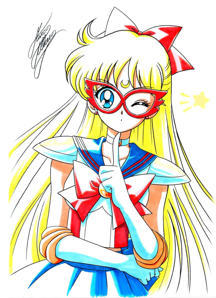 1girl aino_minako bishoujo_senshi_sailor_moon blonde_hair blue_eyes blue_skirt bow brooch choker cowboy_shot crescent earrings elbow_gloves facial_mark finger_to_mouth forehead_mark gloves hair_bow half_updo highres jewelry long_hair looking_at_viewer magical_girl marco_albiero marker_(medium) mask one_eye_closed pleated_skirt red_bow sailor_collar sailor_v shoulder_pads signature skirt solo star traditional_media white_background white_gloves