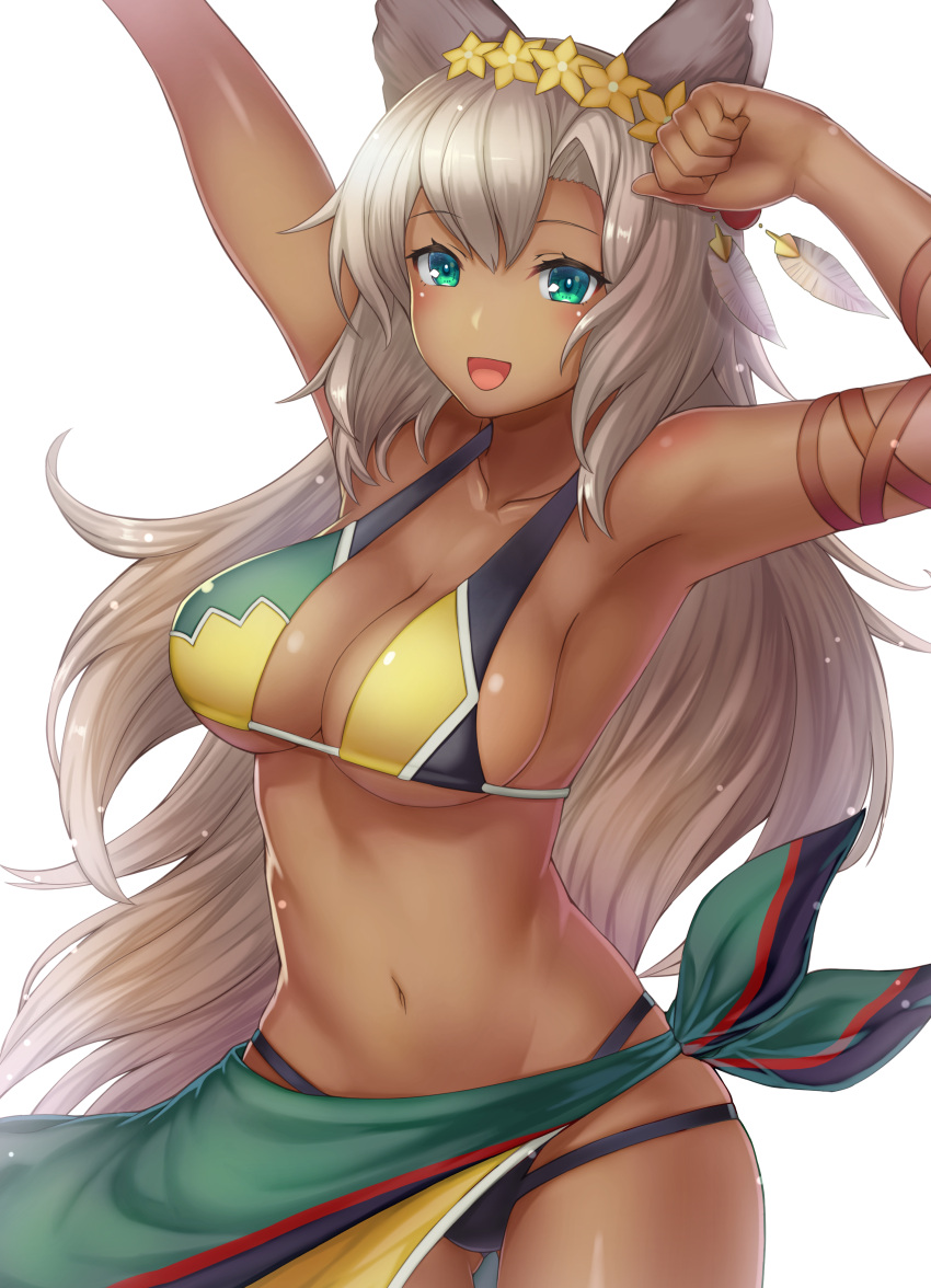1girl :d absurdres animal_ears arm_ribbon arm_up armpits bangs breasts cat_ears clenched_hand collarbone cowboy_shot dark_skin erun_(granblue_fantasy) eyebrows eyebrows_visible_through_hair feathers flower granblue_fantasy green_eyes grey_hair groin hair_between_eyes hair_feathers hair_flower hair_ornament halterneck hand_up head_wreath highres long_hair looking_at_viewer mizya multi-strapped_bikini navel nemone open_mouth ribbon sarong shiny shiny_skin sideboob simple_background smile solo stomach string_bikini swimsuit under_boob very_long_hair white_background