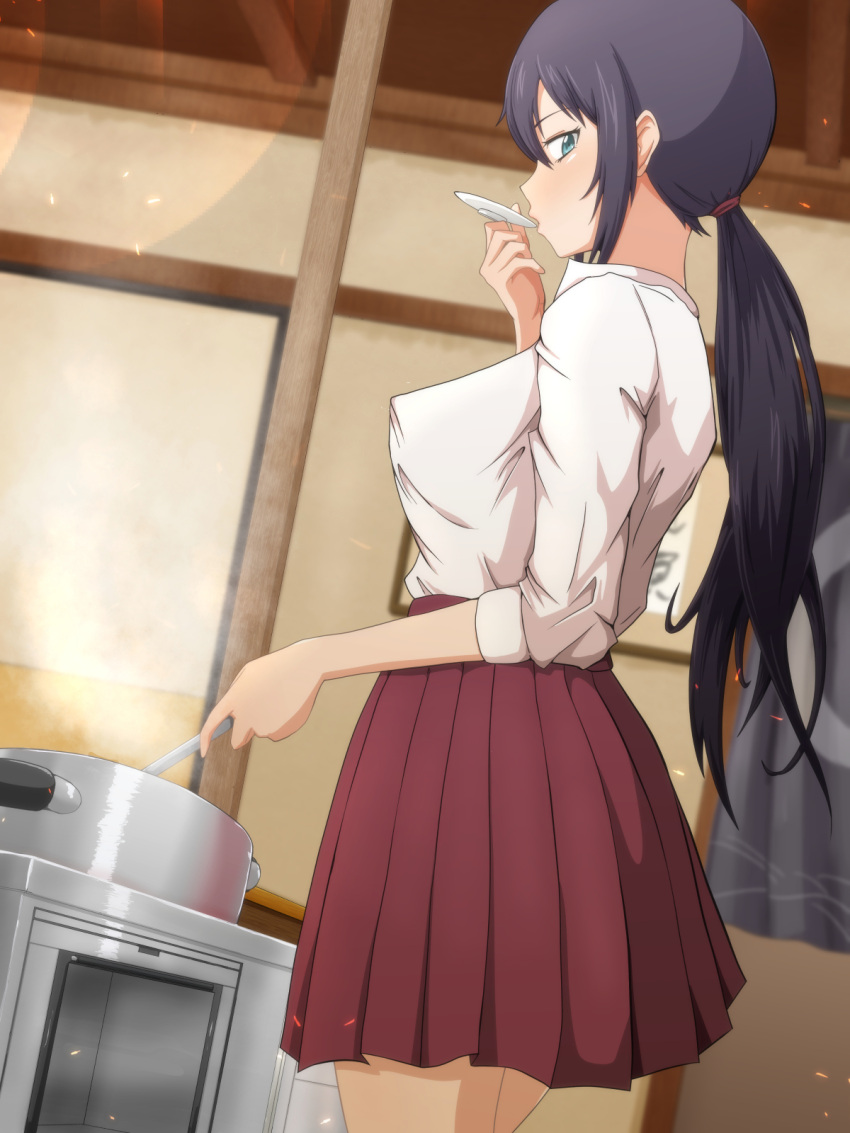 1girl amaama_to_inazuma black_hair blue_eyes cooking covered_nipples dutch_angle from_side highres iida_kotori long_hair looking_at_viewer looking_back low_ponytail oshiza pleated_skirt ponytail pot school_uniform sidelocks skirt sleeves_rolled_up solo steam tasting