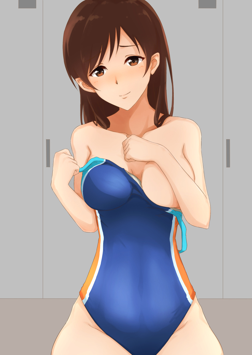 1girl absurdres blush breasts brown_eyes brown_hair competition_swimsuit highres idolmaster idolmaster_cinderella_girls idolmaster_cinderella_girls_starlight_stage locker_room long_hair nitta_minami one-piece_swimsuit raidensan solo swimsuit swimsuit_pull undressing